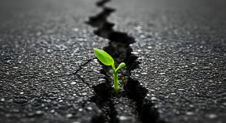 Resilient Seedling A Symbol of Hope and Perseverance Emerging from Cracked Asphalt, a Testament to Life's Tenacity, Renewal and Strength