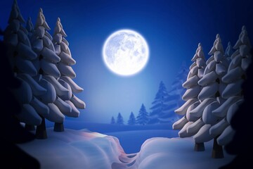 Full moon is glowing over narrow winding path between snowy pines in flat design
