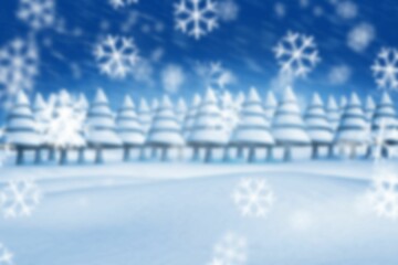 Snow-laden pine trees are being displayed in flat design with drifting snowflakes over white ground