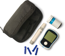 home blood glucose testing kit isolated white background, digital glucometer, lancing device, test...