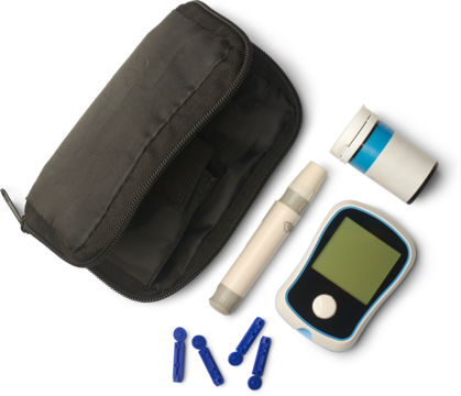 home blood glucose testing kit isolated white background, digital glucometer, lancing device, test strips container and storage pouch, complete personal diabetes monitoring setup