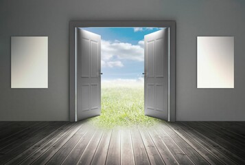 Open doors leading to sunny landscape