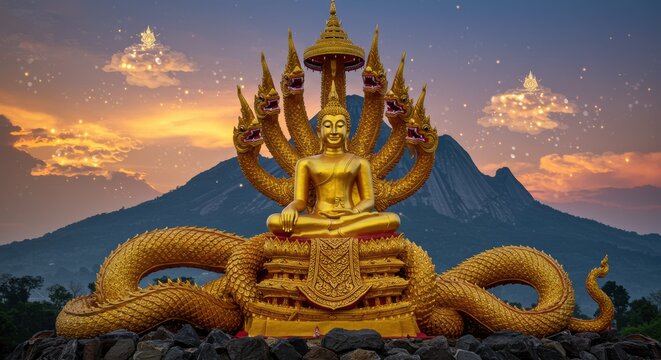 Golden Buddha with Seven-Headed Naga and Sparkling Sunset Sky