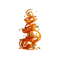 Spiraled Carrot with Nuts and Herbs in Mid-Air