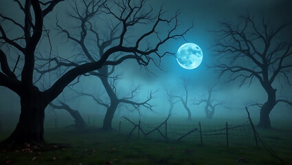 Eerie forest scene with bare trees under a bright blue full moon and fog