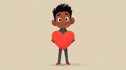 A cheerful young boy stands in front of a plain background, confidently holding a big red heart. His bright smile radiates happiness and warmth, embodying love.
