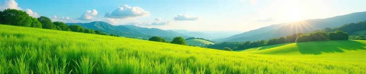 Obraz premium Serene Green Meadow Landscape Rolling Hills, Soft Sunlight, Blue Sky. Perfect for travel, nature, and environmental projects. Ideal countryside background image.