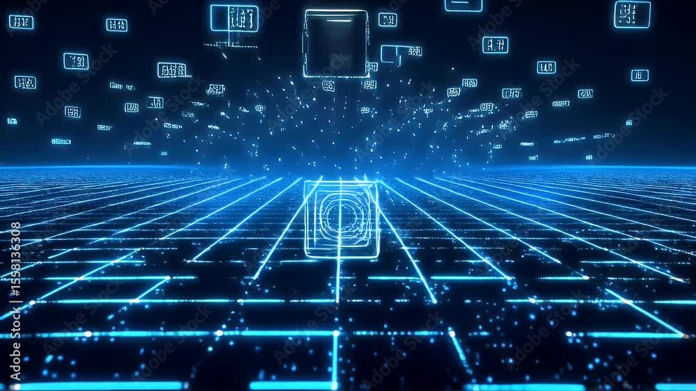 Poster Futuristic Digital Grid with Floating Data
