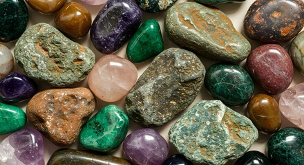 Gemstone Diversity A Colorful Collection of Polished Rocks and Minerals, Displaying Variety in Color, Texture, and Natural Beauty