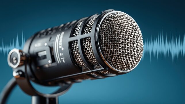 Studio microphone on a modern blue background representing audio recording