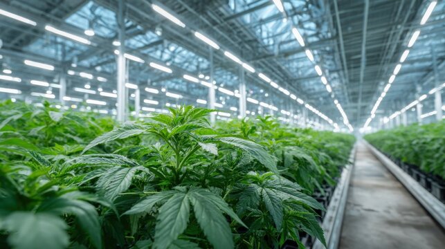A large greenhouse is vibrant with rows of cannabis plants thriving under bright artificial lights. The controlled environment promotes growth and sustainability for cultivation practices.