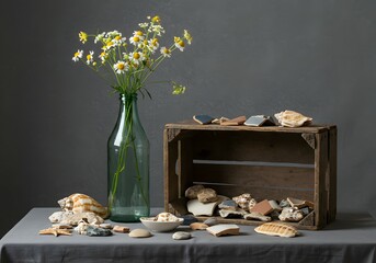 Seaside Still Life Flowers, Shells, and Coastal Relics in a Rustic Arrangement, Evoking Memories of the Sea