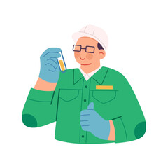 Vector illustration of smiling male agricultural engineer collecting soil sample using a glass experiment tube. Gives thumbs up, symbolizing successful research and innovation in modern agriculture