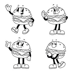 Vintage Cartoon Burger Mascot Collection - Retro Black and White Set