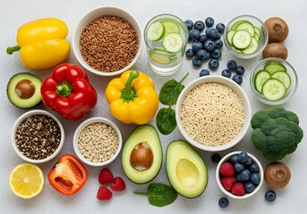 Healthy Eating Colorful Variety of Fresh Vegetables, Fruits, and Grains for a Balanced Diet. Focus on Well-being and Nutrition