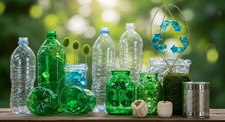 Eco-Friendly Recycling Glass & Plastic Bottles & Jars on Wooden Table, Lush Greenery Backdrop, Sustainable Living Concepts