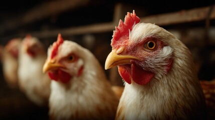 Close-up capture of three White Leghorn chickens in a dimly lit coop