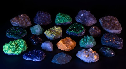 Assorted Rocks Glow Under UV Light A Captivating Mineral Display for Geology Enthusiasts and Collectors