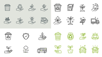 Set of eco and sustainability-themed outline icons including recycling, green transport, solar energy, plants, and environmental care concepts.

