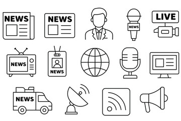 News journalism reporter microphone television live broadcast satellite communication media press concept icons in black and white line style