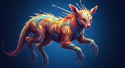 Psychedelic Creature in Motion A Vibrant, Fantasy Animal Illustration With Colorful Fur Leaping Against a Deep Blue Backdrop, A Unique Art Style
