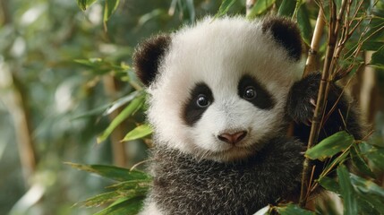 Obraz premium A panda cub clings to a bamboo stalk in a vibrant forest. The furry creature has big, expressive eyes and is surrounded by green leaves, showcasing its playful nature in a natural habitat.