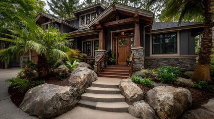 Fototapeta premium Beautiful craftsman house exterior with stone accents and lush landscaping leads to a cozy wooden doorway.