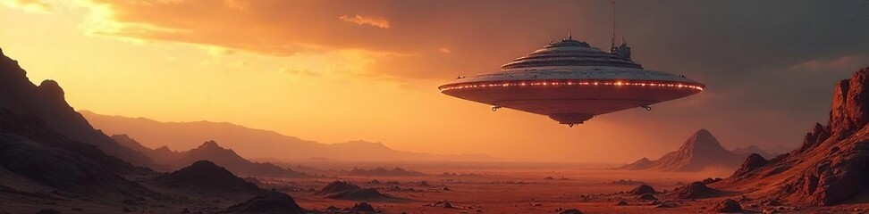 Obraz premium Alien Craft Descending Over Desolate Landscape A Mysterious Shimmering Spaceship Approaches an Uncharted Celestial Night Sky, Perfect for Sci-Fi and Fantasy Projects.