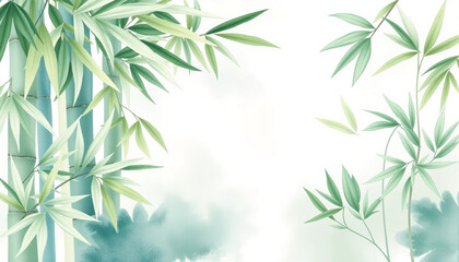 Fototapeta premium Watercolor bamboo leaves and foliage with soft green-blue tones, ideal for nature, zen, and peaceful botanical design.