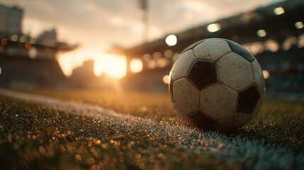 A soccer ball sits on the grass of a stadium as the sun sets, casting a warm glow over the field. Fans eagerly await the start of the match, highlighting the vibrant atmosphere.