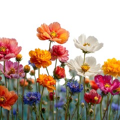 Fototapeta premium A vibrant display of multicolored cosmos flowers blooms against a clean and bright white background beautifully.