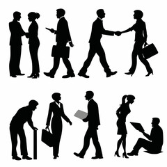 Silhouette depictions of business professionals in various interactions and poses on a white background scene