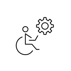 Person in wheelchair working at laptop and cogwheel. Accessibility settings, mobility support configuration, assistive technology setup, inclusive system design, adaptive user control. Pixel perfect, 