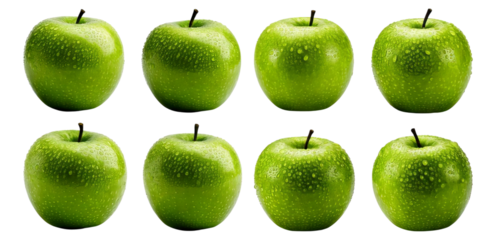 Fresh Green Apples Arranged in a Grid Pattern on White Background, Isolated on Transparent, white background
