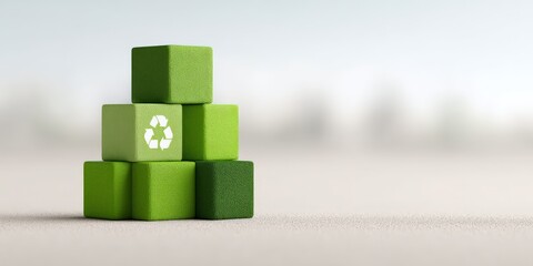 Recycling Initiatives Driving the Growth of Green Business, Recycled blocks stacked in a pyramid formation with a soft background.