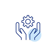 Hands and cogwheel. Manual control, user-driven settings, interactive configuration, hands-on adjustment, personalized setup. Pixel perfect, editable stroke vector icon