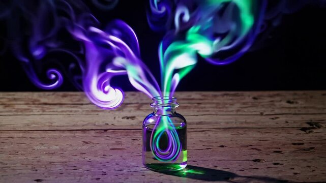 Ethereal aurora potion bottle with vibrant green and purple swirling smoke, magical fantasy elixir on rustic wooden table, mysterious atmosphere