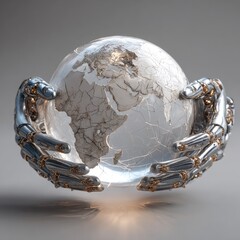 Futuristic Robotic Hands Gently Cradle a Transparent Glass Globe of Planet Earth