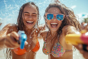 Female friends engaging in a playful water gun battle, laughing and having fun while cooling off outdoors on a warm day, Generative AI