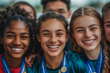 Group of athletes proudly displaying their medals after a competition, celebrating their success and achievement in a team environment, Generative AI
