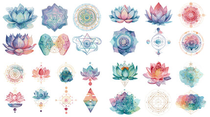 Elegant watercolor lotus flowers and sacred mandala icons in soft pastel colors, perfect for yoga, meditation, and spiritual design themes.

