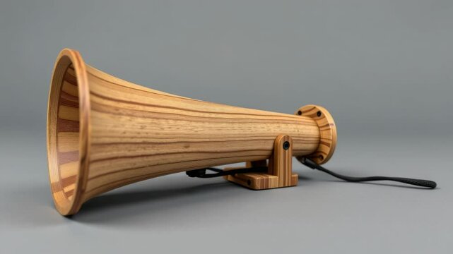 A handcrafted wooden megaphone with a smooth finish is displayed on a neutral background.