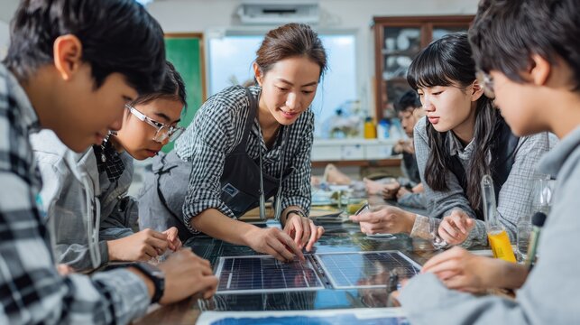Engaged group of Asian students learning about renewable energy, teacher with solar panel setup on table showing electricity from sunlight, interactive science class