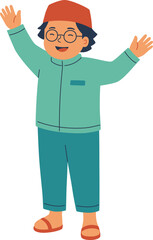 Cheerful Muslim Boy with Glasses Greeting

