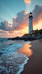 Majestic Lighthouse on Pristine Sandy Beach, Dramatic Coastal Scene, Serene Ocean Waves, Peaceful Vacation Ambiance
