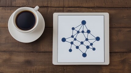 SEO keywords, and conversion concept. Coffee cup beside a decorative plate with a geometric design.