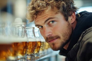 Young man examining the quality of beer in a brewery, inspecting the texture and flavor with a discerning eye, Generative AI