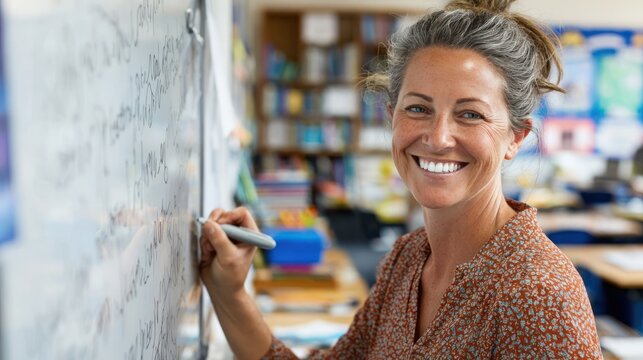 Professional teacher writing verb tenses on whiteboard with clear handwriting, standing confidently, smiling brightly, classroom setup with books and desks