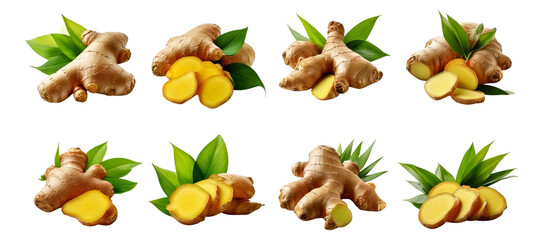Fresh Ginger Roots with Slices and Green Leaves on White Background, Isolated on Transparent, white background