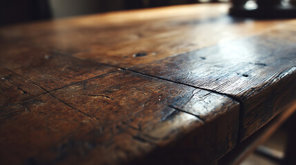 Aged wooden table texture with natural weathered tones, evoking rustic charm and timeless beauty